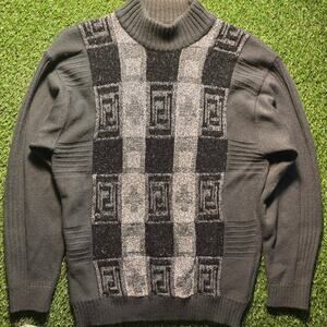 Vintage 90s Syllables Mock Neck Sweater Gray Geometric Knit Men's L